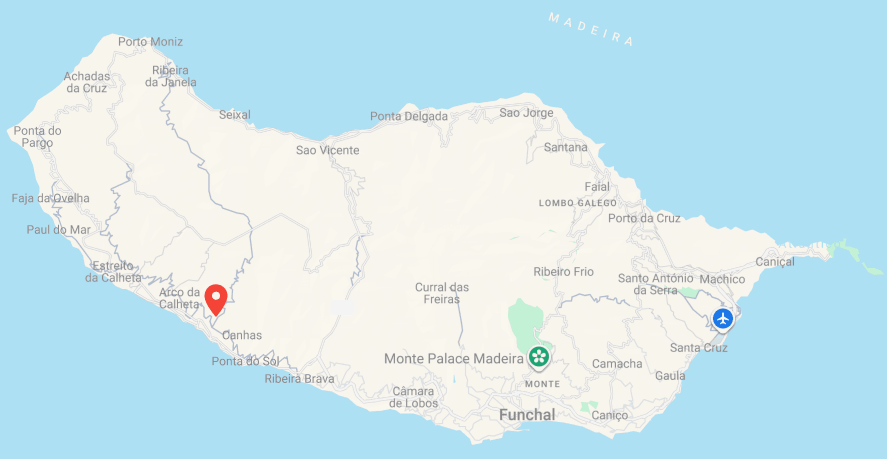 Map of Madeira showing Casa da Nati near Canhas and Ponta do Sol.